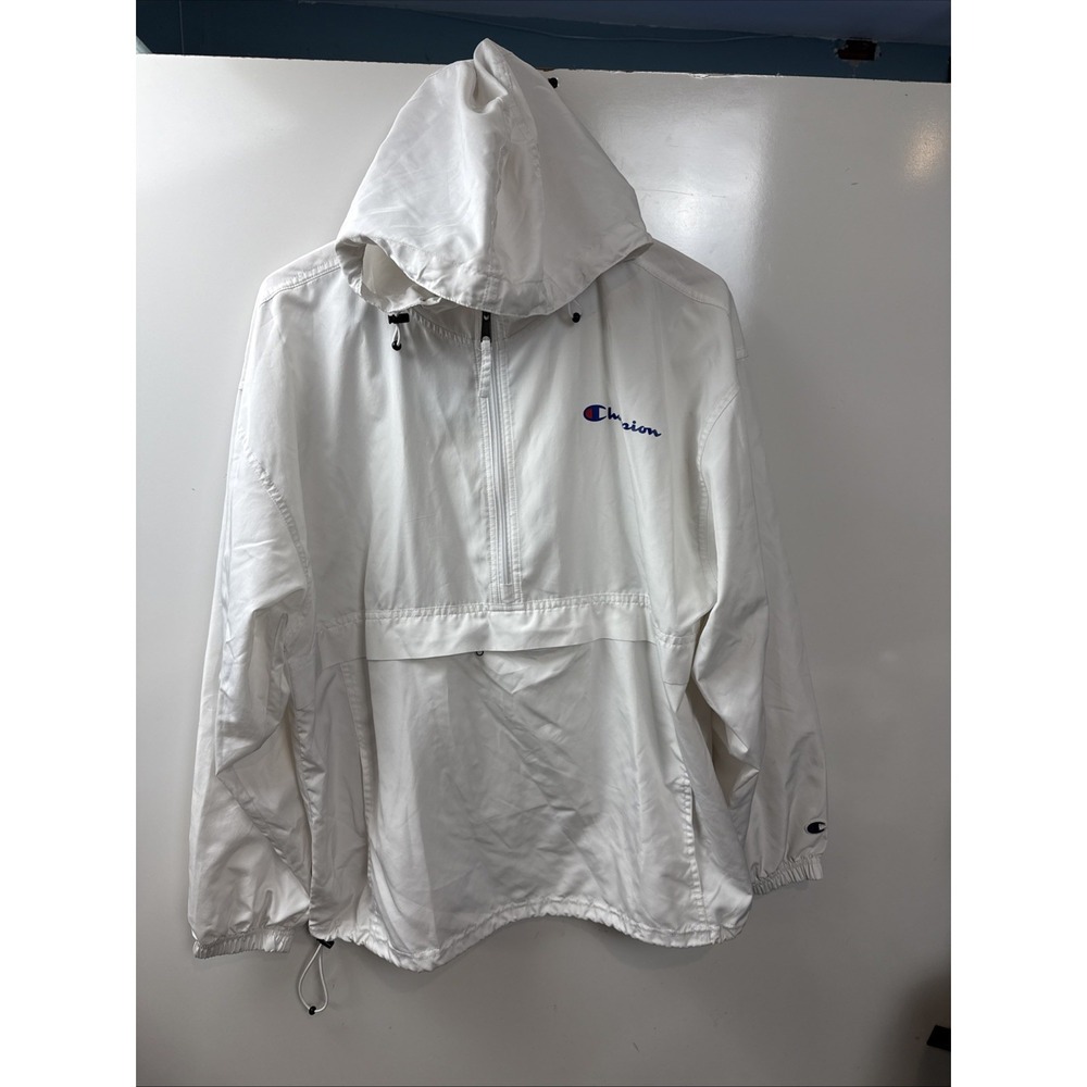 Champion Authentic Athleticwear White Hooded Windbreaker Rain Jacket (XL)